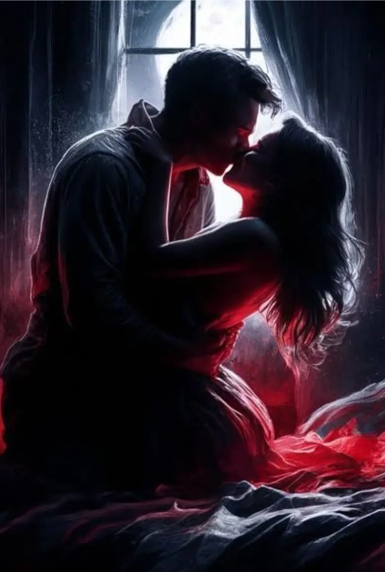The silhouette of a couple kissing in a romantic setting under the moonlight.