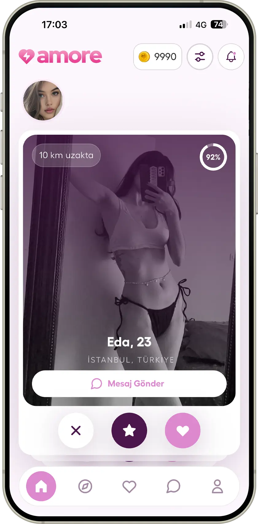 A smartphone displaying the Amore App interface on its screen.